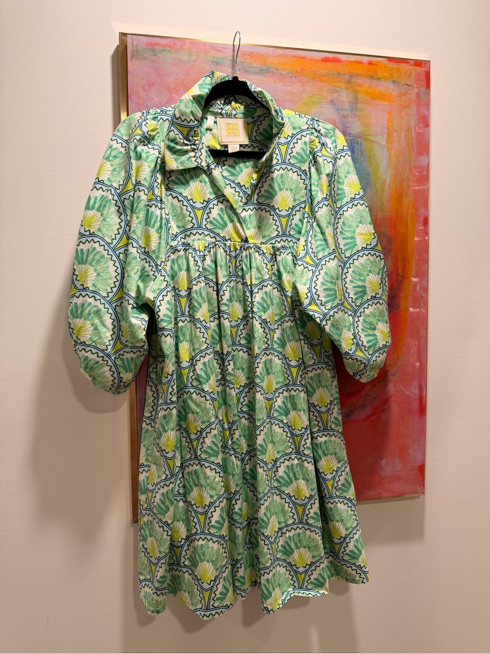 Emily McCarthy Green Patterned Mini Dress with Puff Sleeves